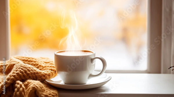 Fototapeta Tasse de café ou cappuccino. Boisson chaude, ambiance chaleureuse et relaxante, au bord d'une fenêtre, lumière automnale et hivernale.  Arrière-plan pour conception et création graphique.