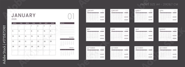 Fototapeta Set of 12 Pages Monthly Calendar Planner Templates on 2026 year. Vector mockup of a wall or desktop calendar organizer grid with the week starting on Monday ready print. Page for size A4 -21x29.7 cm