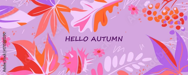 Fototapeta Autumn horizontal background with bright leaves and fruits. Vector banner with maple, oak and acacia leaves, rowan berries, chestnut fruit and flowers. Purple, pink and red colors. Template, poster