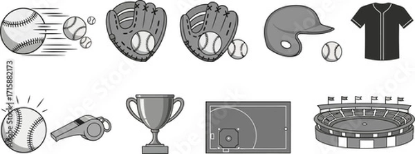 Fototapeta baseball icon grouDynamic baseball icons capture thrilling game elements like balls, gloves, helmets, uniforms, trophies, fields, and stadiums for sports enthusiasts.p.eps