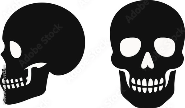 Fototapeta Striking black skull profiles and front view on white, perfect for edgy designs, Halloween themes, or symbolic representations of mortality.