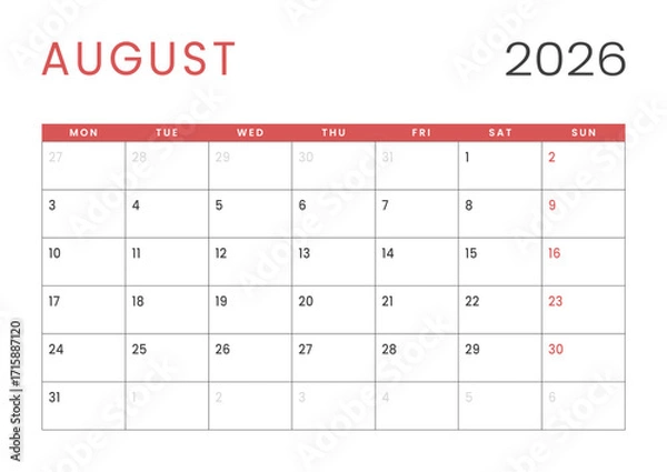 Fototapeta Monthly page Calendar Planner Template design of August 2026. Vector layout of calendar with week start Monday for Scheduling. Page for size A4 or 21x29.7 cm