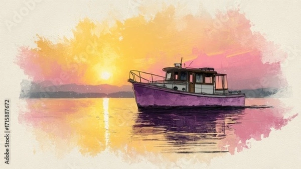 Fototapeta Serene Vintage Boat Floating on Calm Water at Sunset with Vibrant Pink and Orange Sky Reflection in Peaceful Landscape Atmosphere
