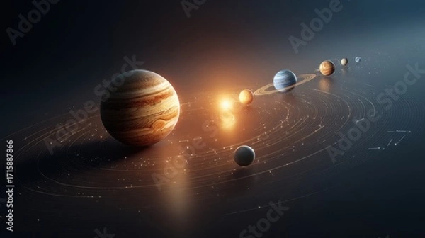 Fototapeta Stunning Solar System Representation Featuring Diverse Planets Orbiting a Brilliant Sun Amidst a Starry Cosmic Background