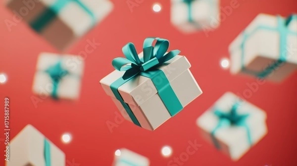 Fototapeta Present of the Moment: A delightful array of gift boxes, each adorned with ribbons, float gracefully against a vibrant background. A scene of happiness and gifting.