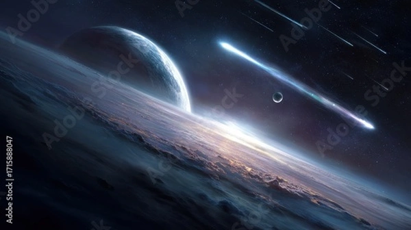 Fototapeta Stunning Cosmic Scene with Planets, Asteroids, and Bright Comet Tail Against a Dark Stardust Background in Deep Space Exploration