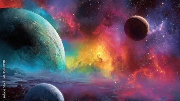 Fototapeta Vibrant and Multicolored Cosmic Landscape with Planets and Stars Against a Deep Space Background of Gas Nebulae and Celestial Phenomena