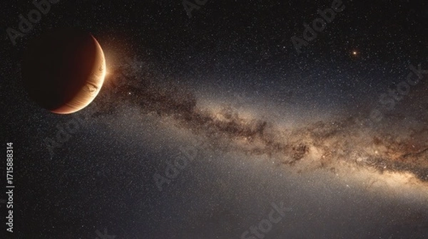 Fototapeta Majestic View of Celestial Bodies in the Dark Universe with Vibrant Stars and a Glowing Planet Surrounded by Cosmic Dust and Galaxies