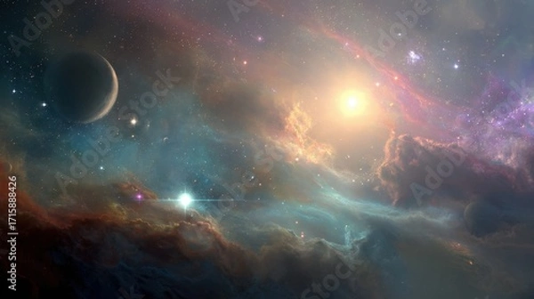 Fototapeta Stunning cosmic landscape featuring colorful nebula, distant planets, and bright stars in a vast, ethereal universe ambiance of wonder and exploration