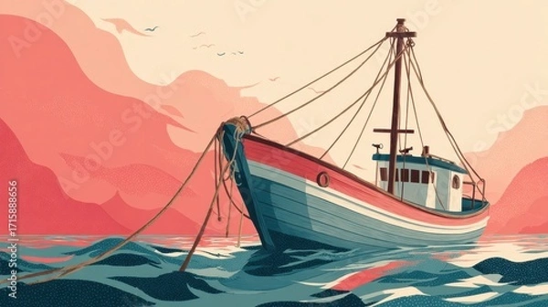 Fototapeta Vintage Fishing Boat in Tranquil Waters with Colorful Skyline and Gentle Waves Under a Pink Sky at Dusk