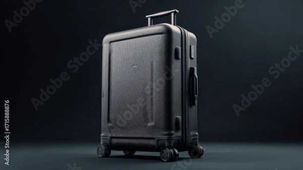 Fototapeta Stylish and Durable Black Suitcase with Smooth Wheels for Travel, Adventure, and Business Trips, Isolated on Dark Background for Modern Aesthetic Appeal