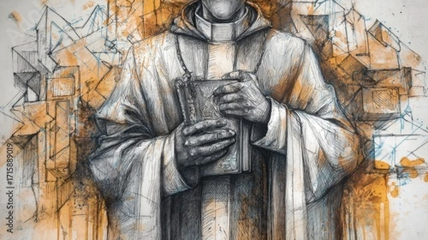 Fototapeta Artistic Representation of a Traditional Cleric Holding a Book Surrounded by Abstract Shapes and Textures in Warm Tones