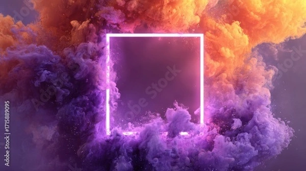 Fototapeta Abstract Neon Frame Surrounded by Vibrant Colorful Smoke and Clouds in Purple and Orange Hues, Ideal for Artistic and Creative Backgrounds