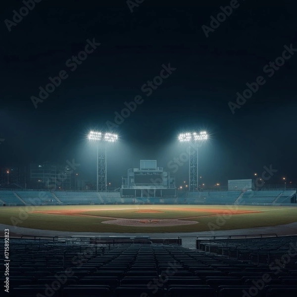 Fototapeta Empty Baseball Stadium Under Bright Lights at Night with Fog