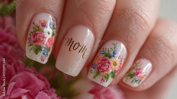 Fototapeta Motherâ€™s Day nails with tiny flower bouquets and "MOM" in cursive, pastel colors, soft blurred backdrop