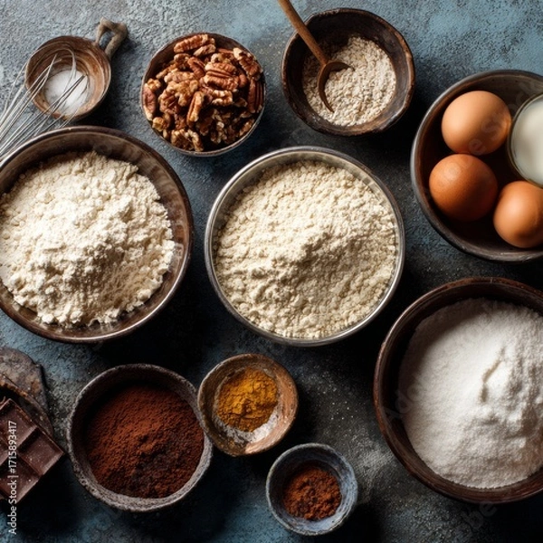 Fototapeta Assorted Baking Ingredients arranged on a Textured Blue Background