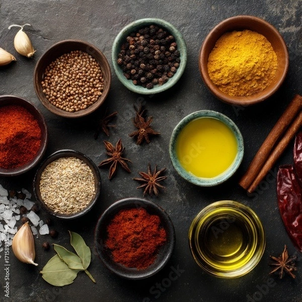 Fototapeta Colorful Assortment of Spices and Cooking Ingredients on Dark Surface
