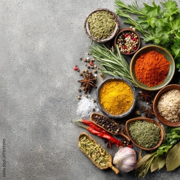 Fototapeta Colorful Assortment of Spices and Herbs on Gray Background