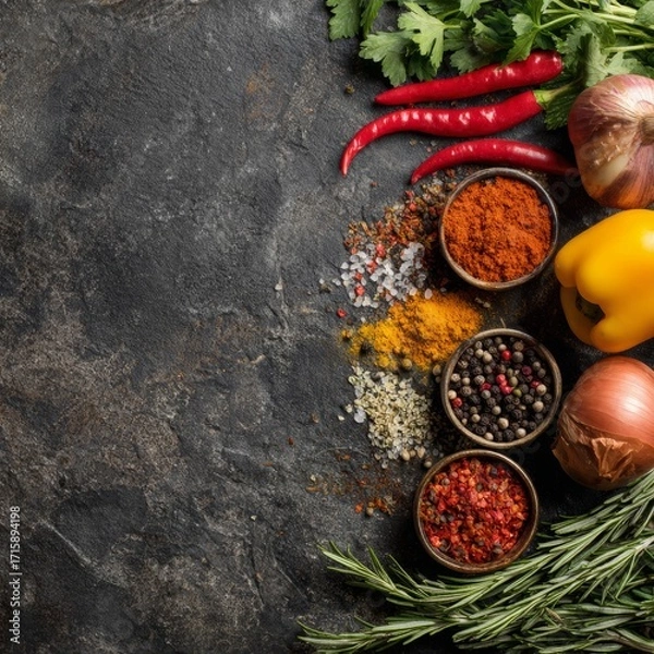 Fototapeta Vibrant Collection of Spices and Fresh Ingredients on Rustic Table