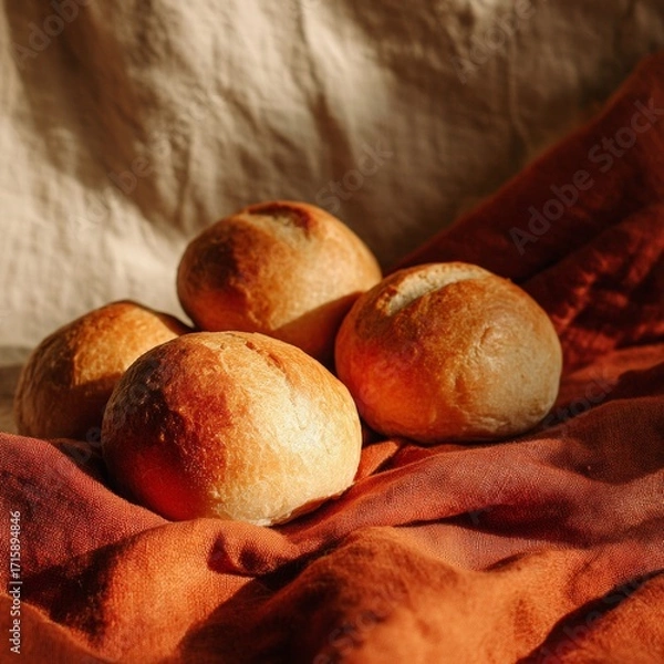 Fototapeta Freshly Baked Bread Rolls on Rustic Cloth Surface in Warm Light