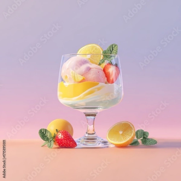 Fototapeta Refreshing Dessert with Ice Cream, Fruits, and Mint on Gradient Background