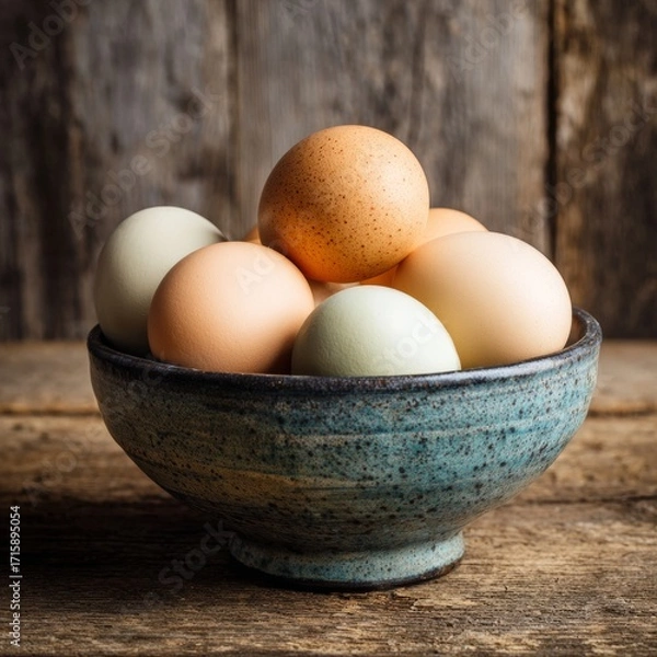 Fototapeta Fresh Farm Eggs in Rustic Bowl on Wooden Table Background