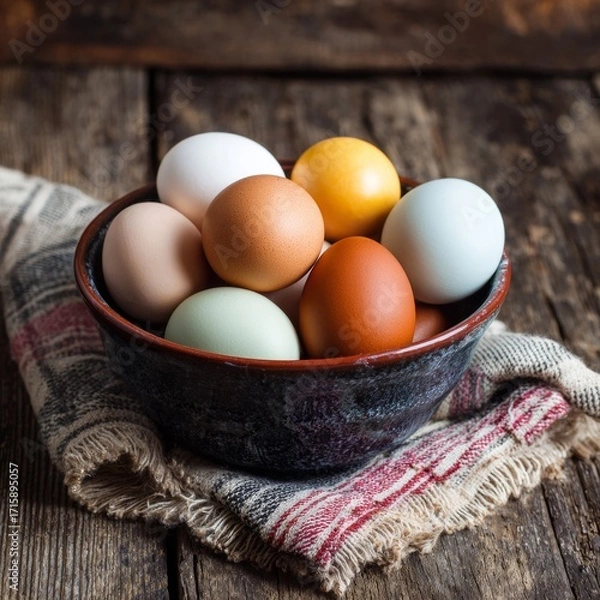 Fototapeta Colorful Fresh Eggs in a Bowl on a Rustic Wooden Table