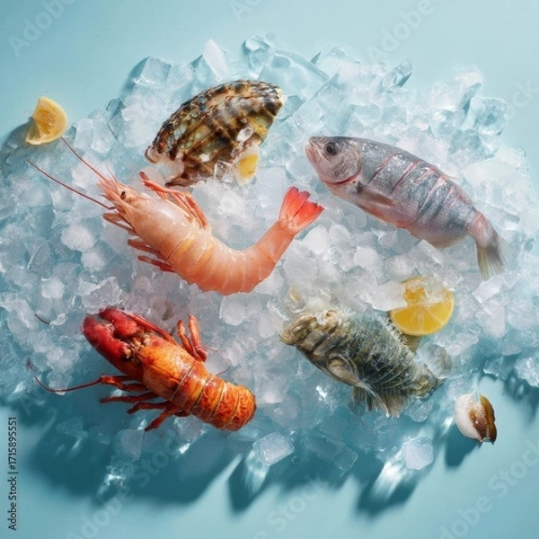 Fototapeta Colorful Assortment of Fresh Seafood on Ice with Citrus Garnish