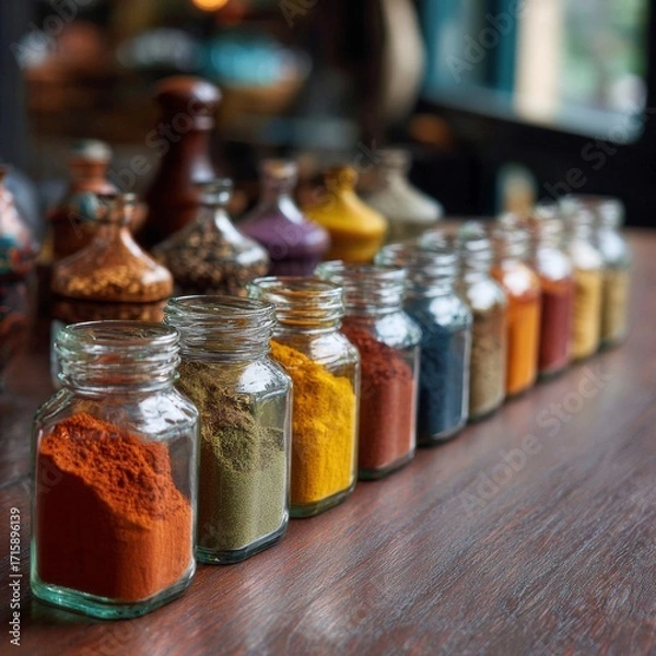 Fototapeta Colorful Spice Jars on Wooden Table in Artisan Shop Decor