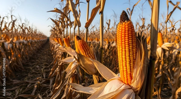 Fototapeta Close-up of golden dried corn cobs on stalks in a vast agricultural field under a clear sky, ready for harvest, symbolizing abundance and farming.