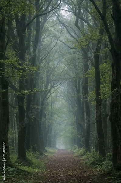 Obraz Gerader Waldweg im Nebel zwischen hohen Stämmen und dichtem Blätterdach bei sanftem Morgenlicht