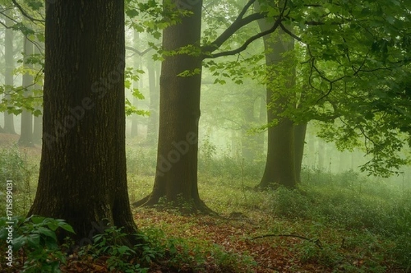 Obraz Nebliger Laubwald mit starken Stämmen und frischem Grün im Morgenlicht