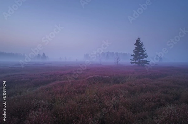 Obraz Nebel über violetter Heide bei Morgenlicht mit einzelner Kiefer in Landschaft