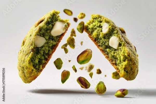 Fototapeta Delicious pistachio cookies with white chocolate chips breaking apart with flying nuts on white background, a perfect blend of flavors and textures