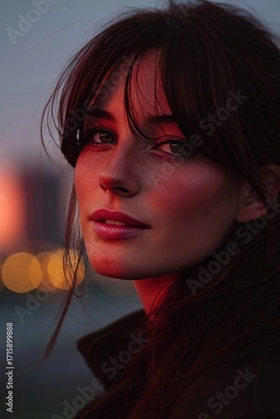 Fototapeta Dramatic Portrait of a Thoughtful Woman at Sunset with City Lights in the Background Showcasing Emotive Expression, Freckles, and Natural Beauty