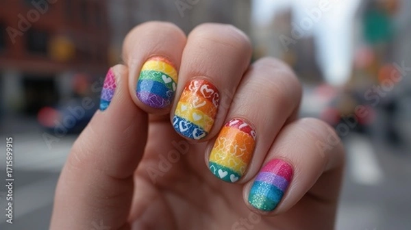 Fototapeta Pride Month nails with rainbow stripes and equality signs, bold and colorful, fun blurred background