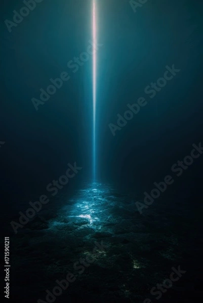 Fototapeta Mysterious underwater scene with beam of light piercing through dark and deep ocean waters, casting an ethereal glow on the seabed creating a surreal and enchanting atmosphere