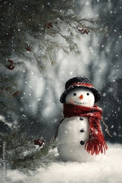 Fototapeta Captivating snowman in winter wonderland scene with snowflakes, pine trees, and festive holiday atmosphere perfect for Christmas and holiday themed designs