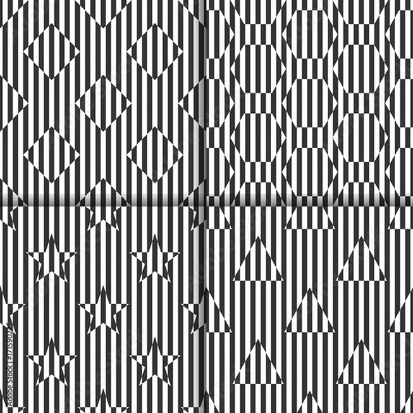 Obraz set of seamless black and white linear patterns with rhombuses, triangles, stars, hexagons