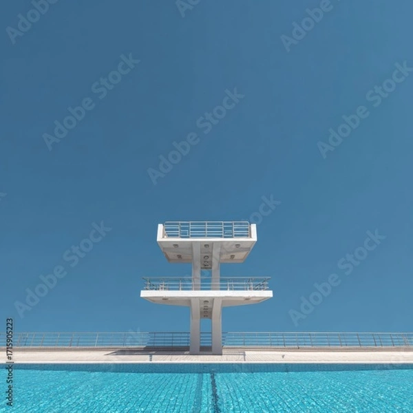Fototapeta Clear Blue Sky Over a Diving Tower Above an Empty Swimming Pool