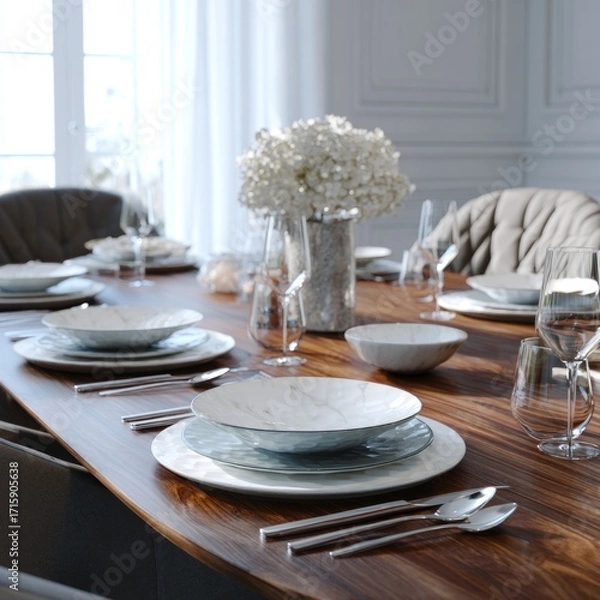 Fototapeta Elegant Dining Table Setting with Fine China and Floral Centerpiece