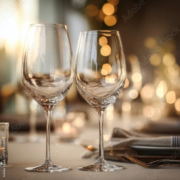 Fototapeta Elegant Wine Glasses on a Table Against a Soft Bokeh Background