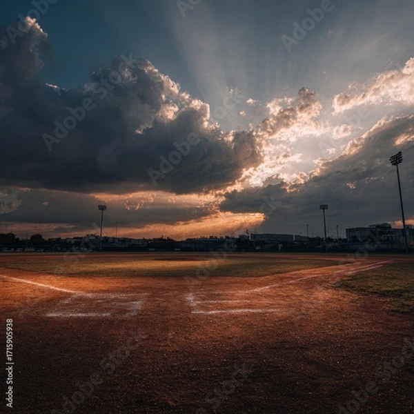 Fototapeta Dramatic Sunset Over an Empty Baseball Field with Cloudy Skies