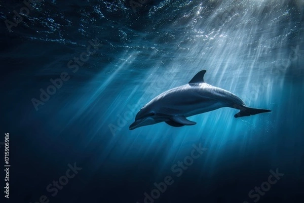 Fototapeta Majestic Dolphin Swimming Gracefully in Clear, Blue Ocean Water with Sunlight Streaming Through for a Powerful Underwater Wildlife Scene
