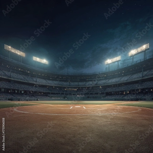Fototapeta Nighttime Baseball Stadium View with Bright Floodlights and Grass Field