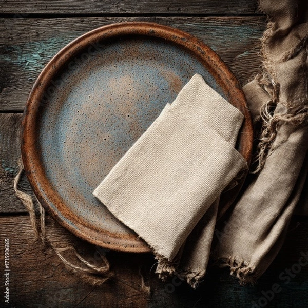 Fototapeta Rustic Plate with Textured Napkin on Weathered Wooden Table