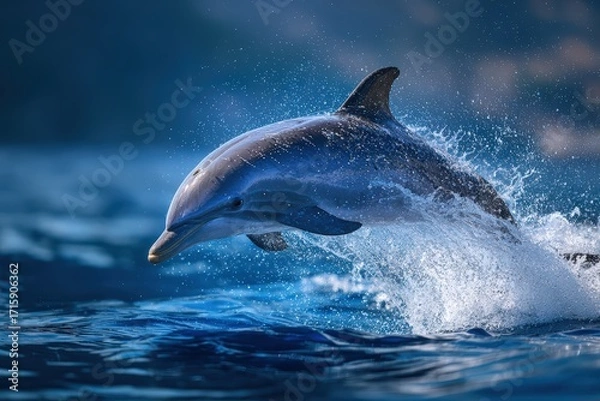 Fototapeta Spectacular close-up of a dolphin leaping through the crystal clear ocean water with splashes, capturing the beauty and grace of marine wildlife in their natural habitat