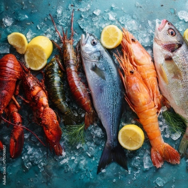Fototapeta Fresh Seafood Variety on Ice with Lemon Slices and Herbs Display