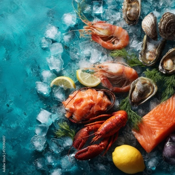 Fototapeta Fresh Seafood Platter with Fish, Shrimp, Clams, and Lemon Slices