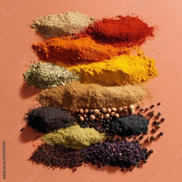 Fototapeta Colorful Array of Spices and Herbs on a Vibrant Background